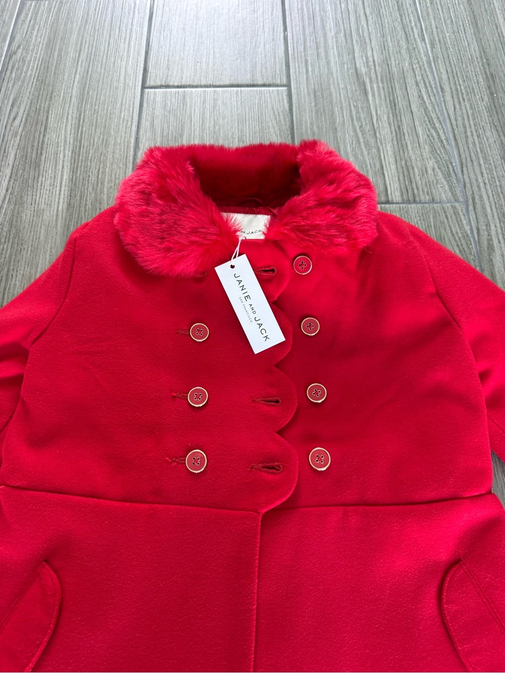 NWT Janie and Jack Red Double-Breasted Coat with Faux Fur Collar - Picture 2 of 9